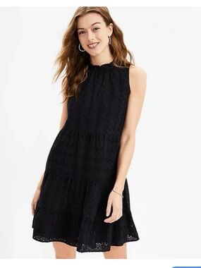LOFT Tiered Eyelet Sleeveless Dress Black L Petite NWT Summer Cotton Ruffle Neck